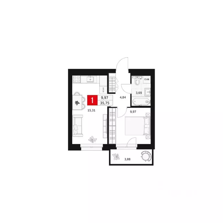 1-к кв. Башкортостан, Уфа ул. Большая Московская, 11 (35.75 м) - Фото 1