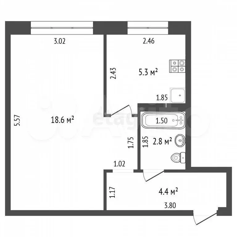 1-к. квартира, 31,1 м, 1/5 эт. - Фото 0