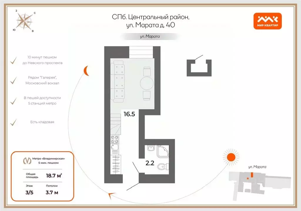 Студия Санкт-Петербург ул. Марата, 40 (18.7 м) - Фото 1