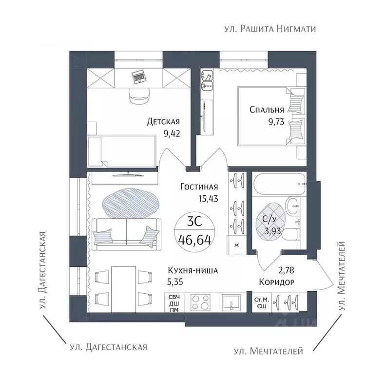 3-к кв. Башкортостан, Уфа Дагестанская ул. (46.64 м) - Фото 1