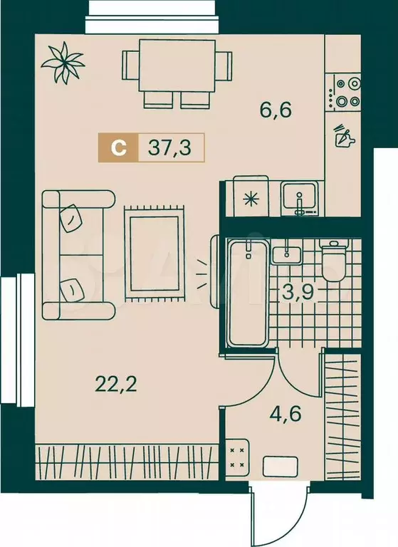 Квартира-студия, 37,3 м, 1/11 эт. - Фото 0