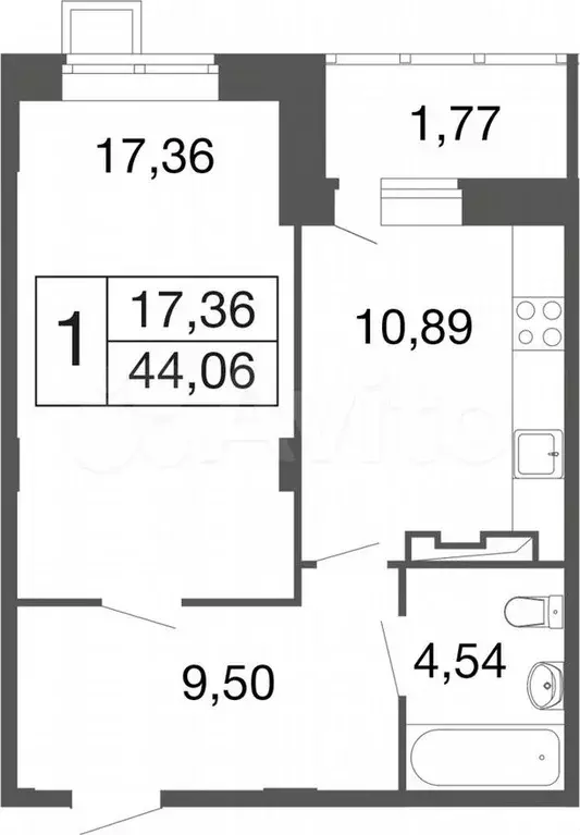 1-к. квартира, 44,1м, 8/9эт. - Фото 0