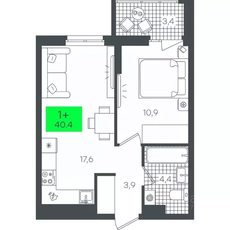 1-к кв. Тюменская область, Тюмень ул. Василия Малкова, 19 (40.46 м) - Фото 0