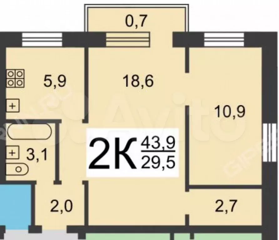 2-к. квартира, 43,9 м, 2/5 эт. - Фото 0