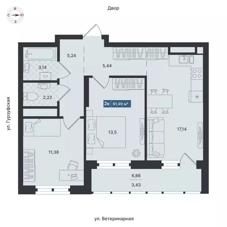 2-к кв. Свердловская область, Екатеринбург ул. Ветеринарная (62.1 м) - Фото 0