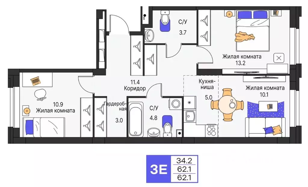 3-к кв. Пермский край, Пермь ул. Карла Модераха, 7 (62.1 м) - Фото 1