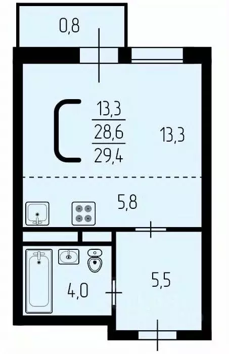 Студия Москва № 61 кв-л, 14 (28.8 м) - Фото 2