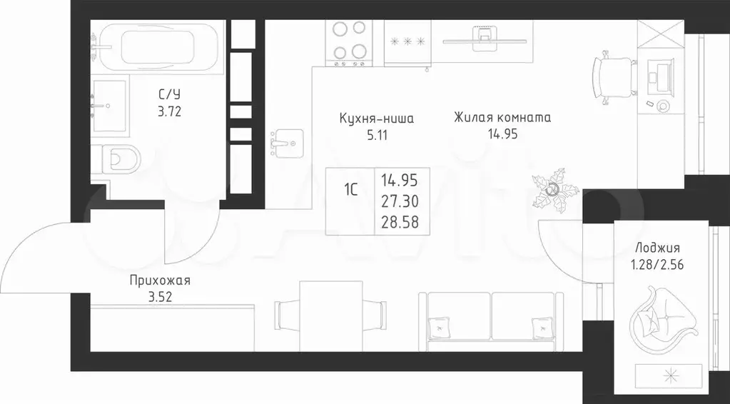 Квартира-студия, 28,6 м, 10/23 эт. - Фото 0