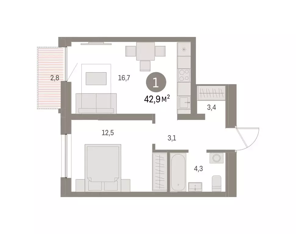 1-комнатная квартира: Екатеринбург, улица Гастелло, 18 (42.87 м) - Фото 1