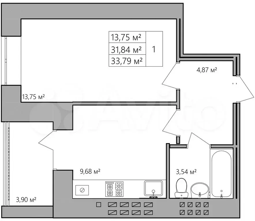 1-к. квартира, 33,8 м, 6/9 эт. - Фото 0