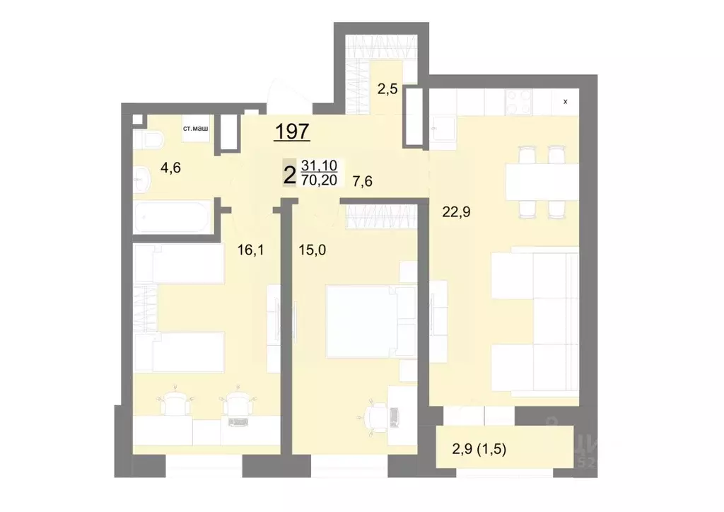 2-к кв. Свердловская область, Екатеринбург ул. Металлургов, 63/1 (70.2 ... - Фото 1