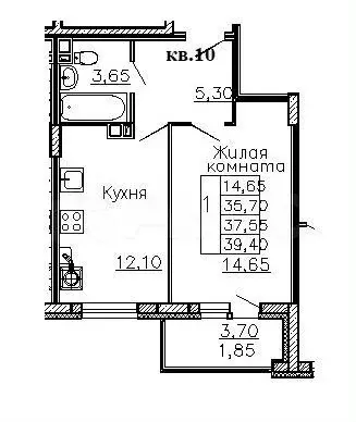 1-к. квартира, 39,4м, 5/12эт. - Фото 1