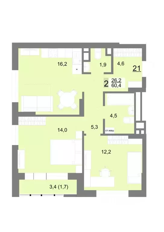 2-к кв. Свердловская область, Екатеринбург ул. Шаумяна, 77 (60.4 м) - Фото 1