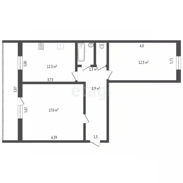 2-к кв. Брянская область, Брянск ул. Вяземского, 19 (52.8 м) - Фото 1