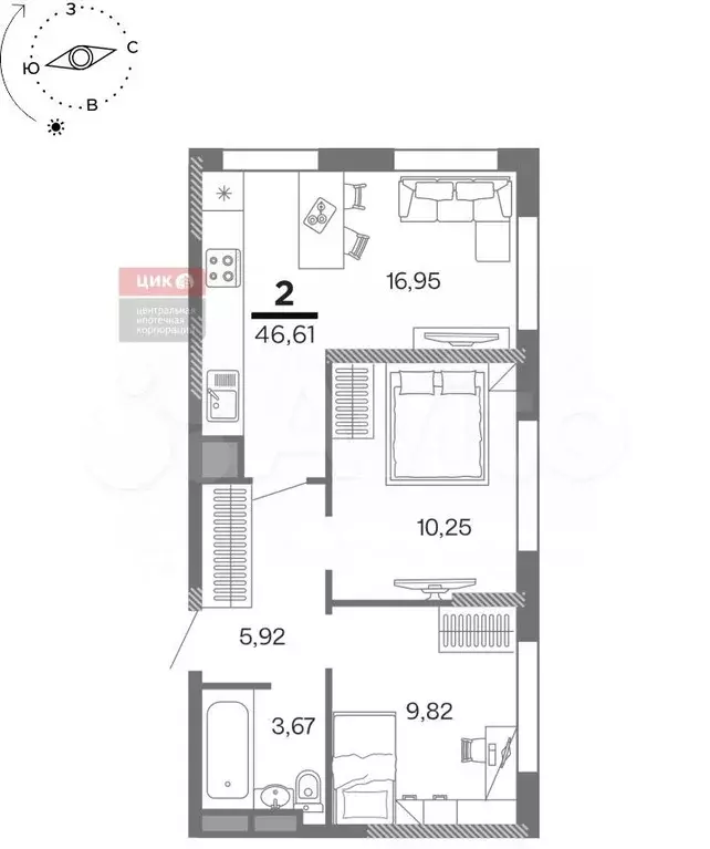 2-к. квартира, 46,6м, 5/25эт. - Фото 0