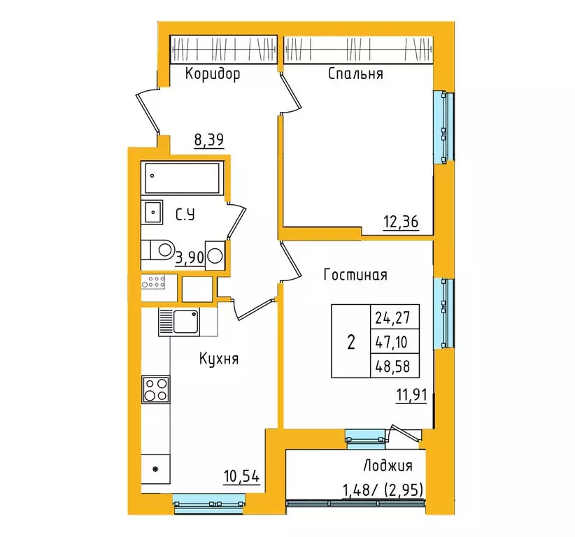 2-комнатная квартира: Уфа, улица Валерия Лесунова, 22 (48.45 м) - Фото 1