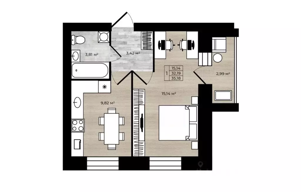 1-комнатная квартира: Ярославль, Малая Норская улица, 3 (35.18 м) - Фото 2