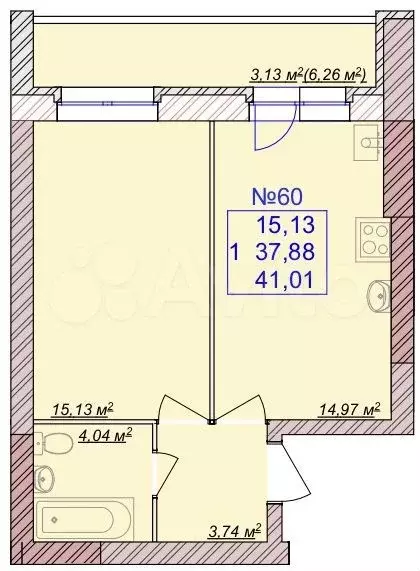 1-к. квартира, 41 м, 6/9 эт. - Фото 1