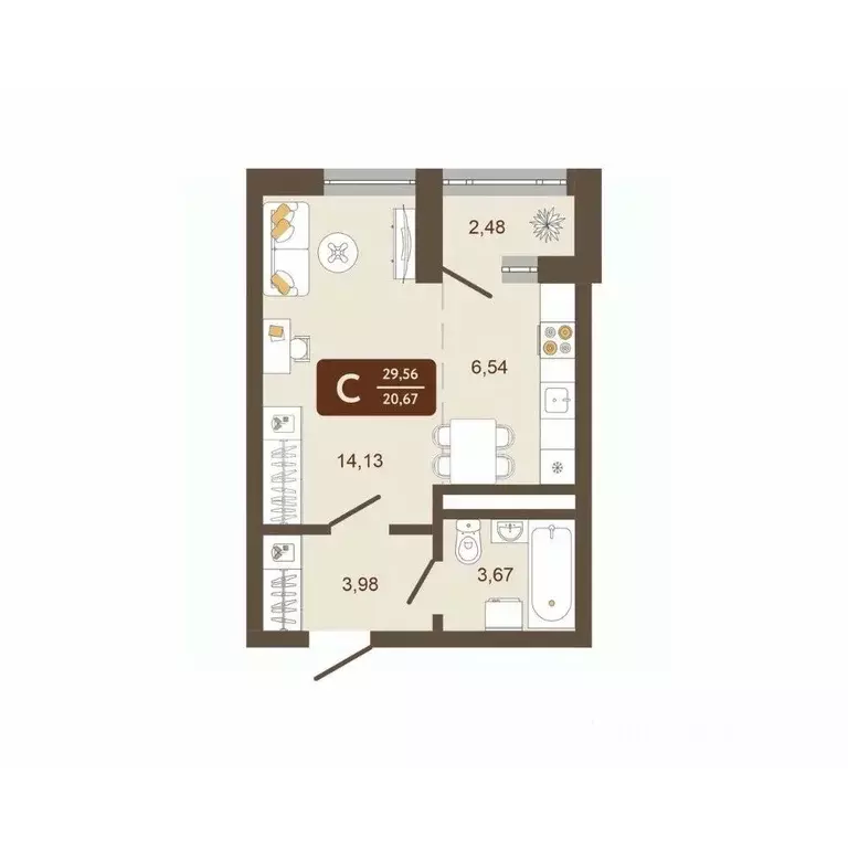 Студия Кемеровская область, Новокузнецк Макеевская ул. (29.56 м) - Фото 1
