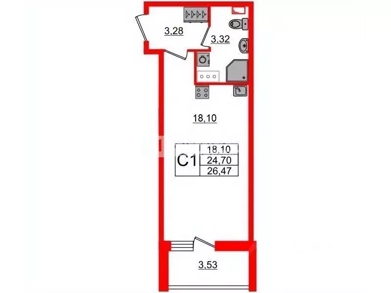 Студия Санкт-Петербург ул. Генерала Кравченко, 8 (24.6 м) - Фото 2