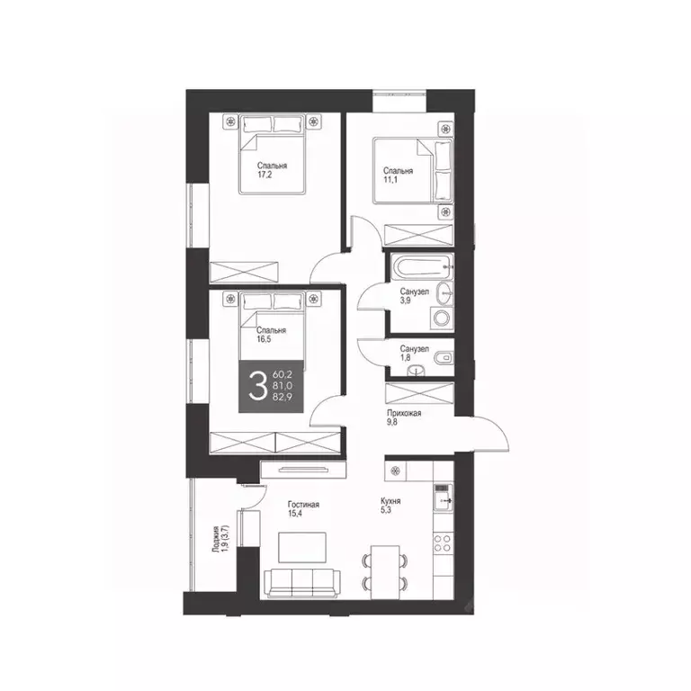 3-к кв. Татарстан, Альметьевск ул. Гафиатуллина, 60 (82.9 м) - Фото 1
