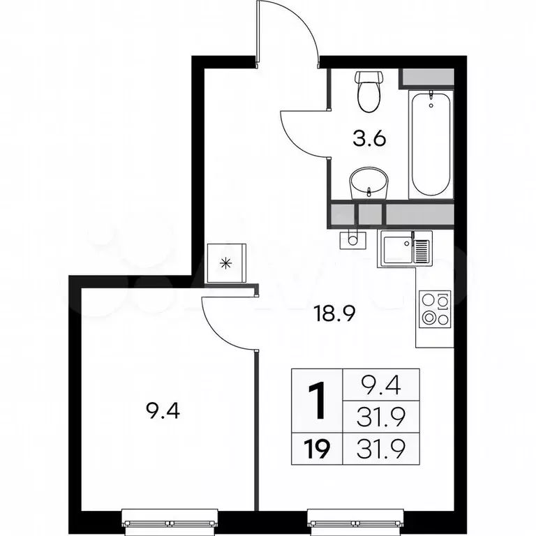 1-к. квартира, 31,9 м, 3/4 эт. - Фото 0
