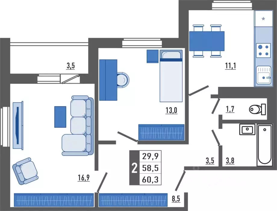 2-к кв. Орловская область, Орел Мясокомбинат мкр,  (60.3 м) - Фото 1