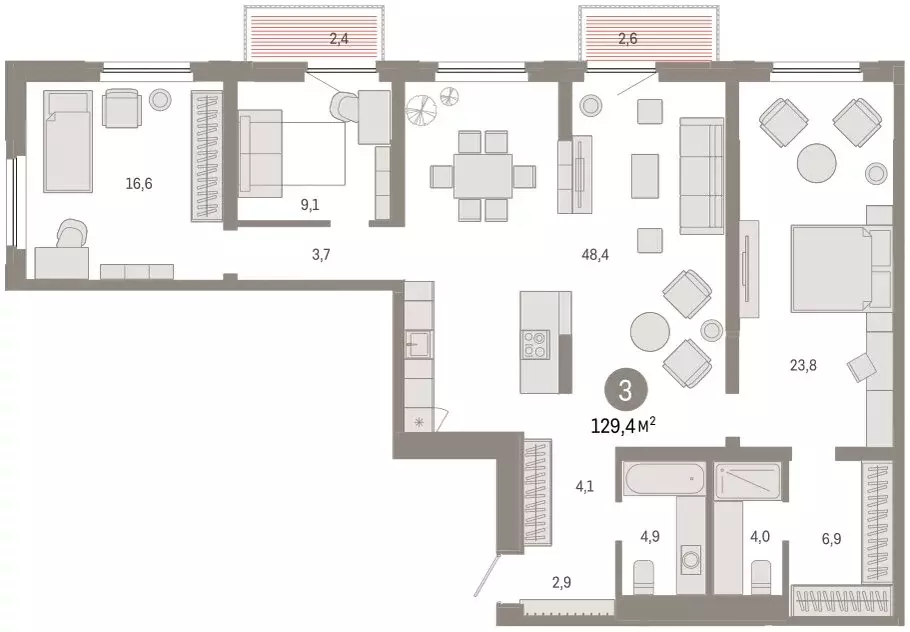 3-комнатная квартира: Тюмень, Мысовская улица, 26к2 (129.42 м) - Фото 1