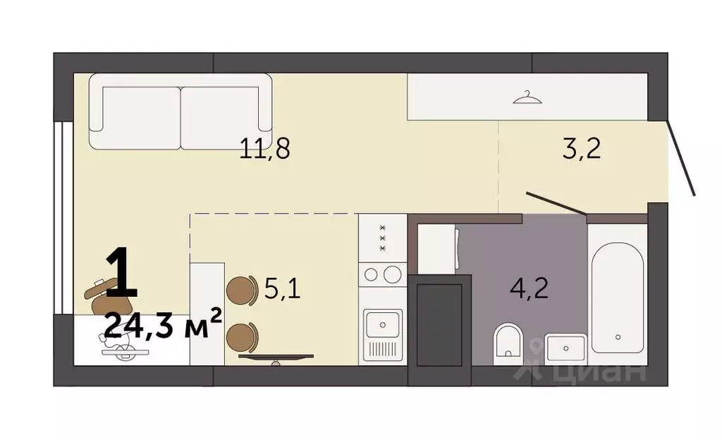 Студия Свердловская область, Екатеринбург Южный жилрайон,  (24.3 м) - Фото 2