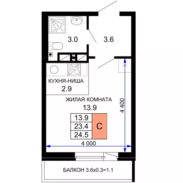 Квартира-студия: Краснодар, улица Лётчика Позднякова, 2к13 (24 м) - Фото 0