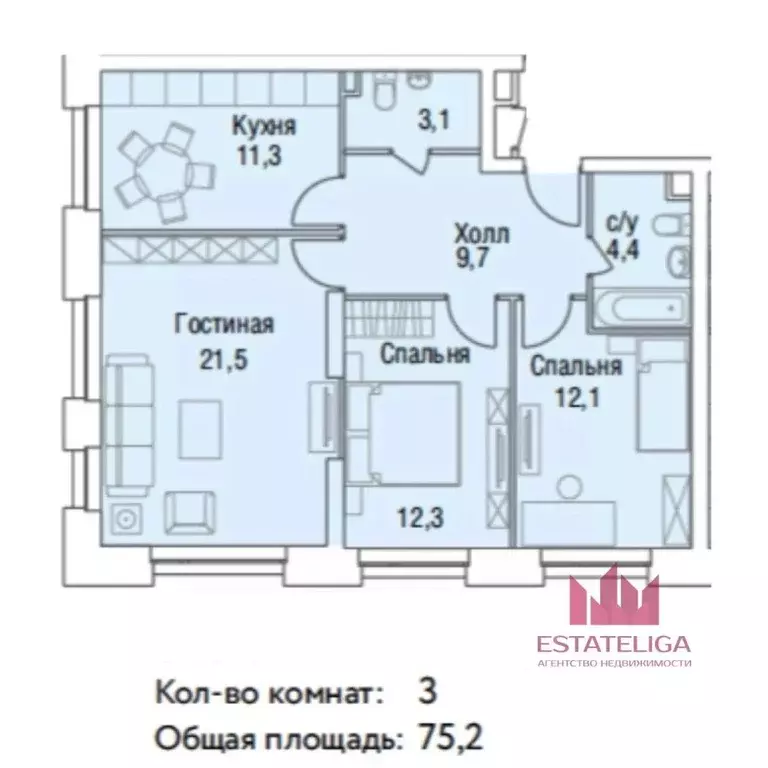 3-к кв. Москва Шелепихинская наб., 42к2 (76.0 м) - Фото 2