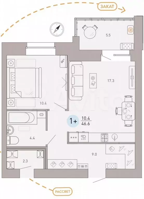 1-к. квартира, 46,6 м, 1/9 эт. - Фото 1