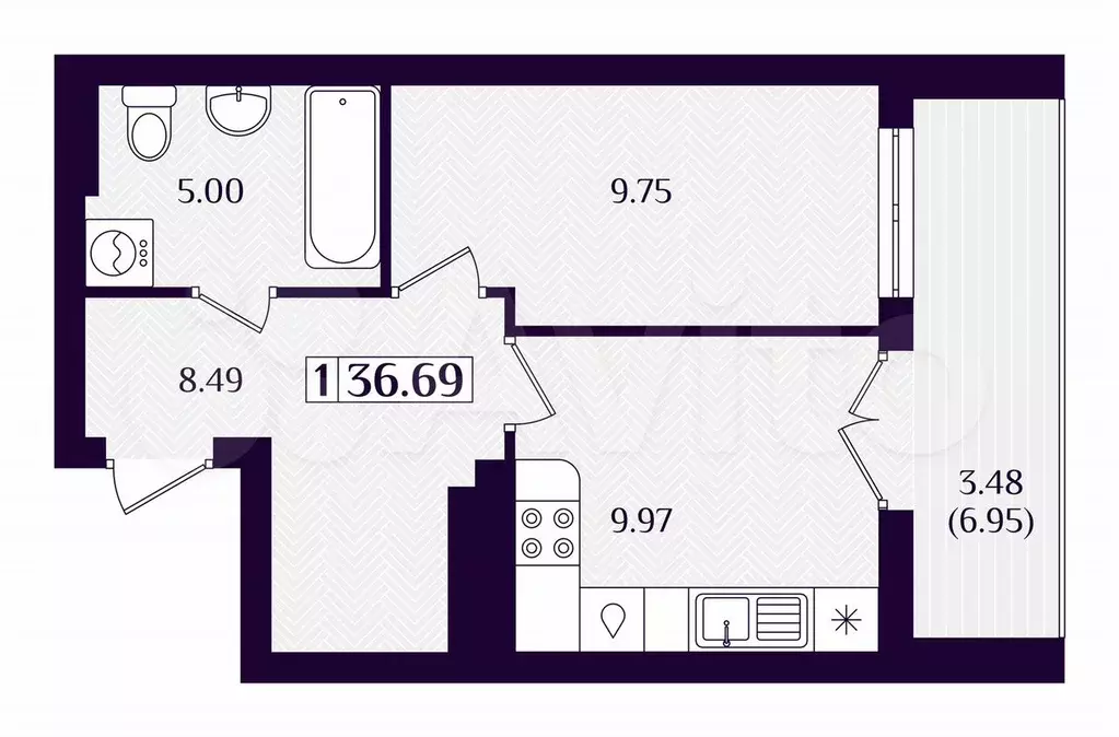 1-к. квартира, 36,7 м, 4/7 эт. - Фото 1