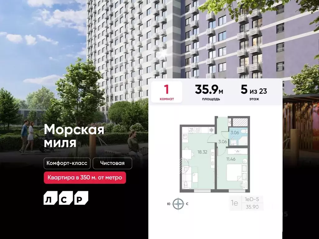 1-к кв. Санкт-Петербург Морская миля жилой комплекс (35.9 м) - Фото 0