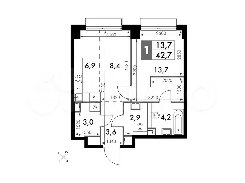 1-к. квартира, 42,7м, 22/43эт. - Фото 0