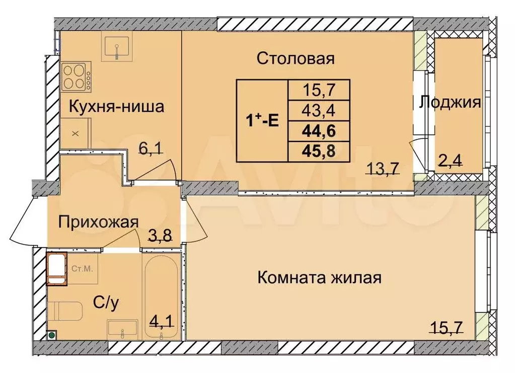 1-к. квартира, 44,6 м, 2/18 эт. - Фото 0