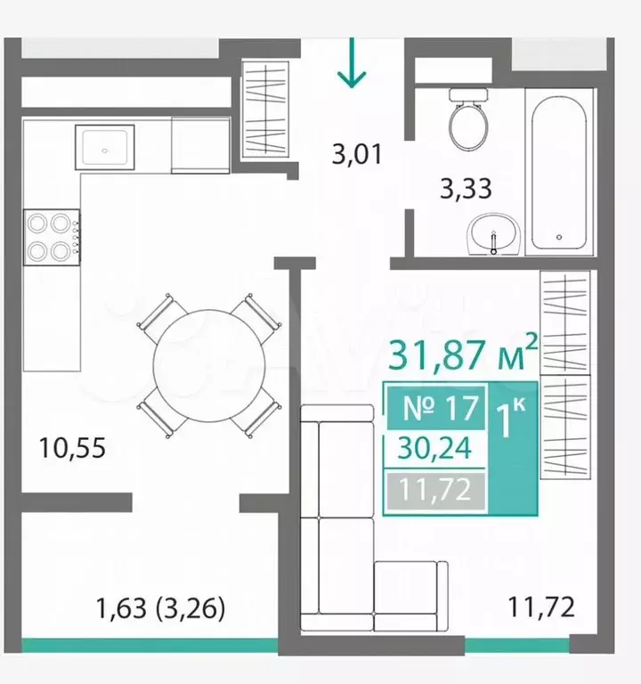 1-к. квартира, 31,9 м, 3/9 эт. - Фото 1