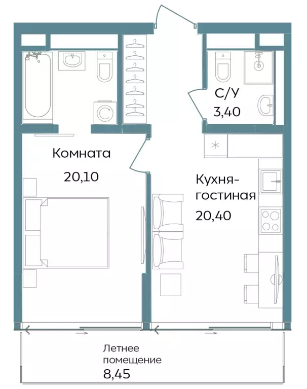 2-к квартира, 52.35 м - Фото 0