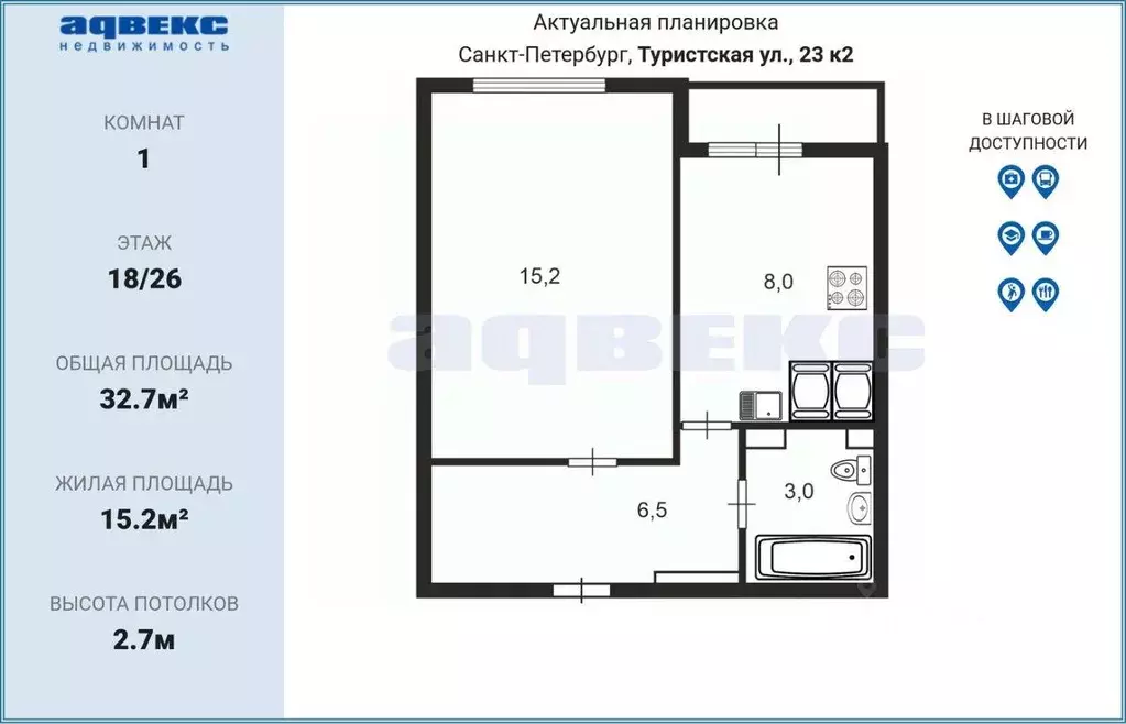 Квартира, 1 комната, 32.7 м - Фото 1