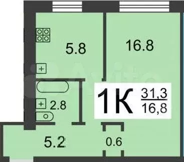 1-к. квартира, 31,3 м, 5/5 эт. - Фото 0