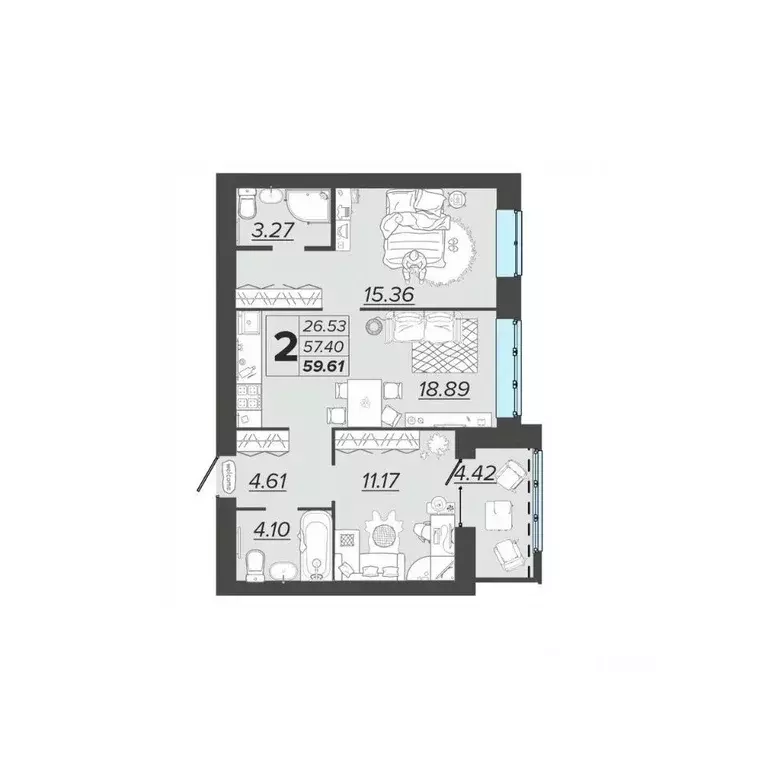 2-к кв. Брянская область, Брянск Архитектор жилой комплекс (59.61 м) - Фото 1