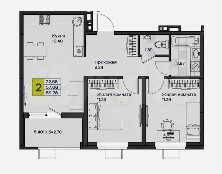 2-к. квартира, 59 м, 2/9 эт. - Фото 1