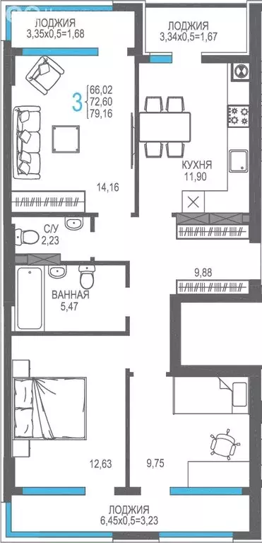 3-комнатная квартира: Алушта, улица Багликова, 27/8 (72.6 м) - Фото 1