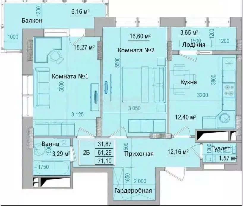 2-к кв. Белгородская область, Белгород ул. Щорса, 37в (61.0 м) - Фото 2