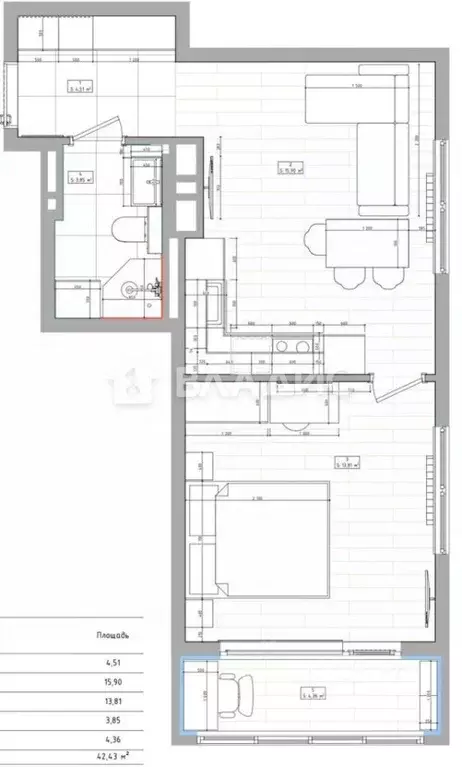 2-к кв. Новосибирская область, Новосибирск ул. Кирова, 274 (43.0 м) - Фото 1