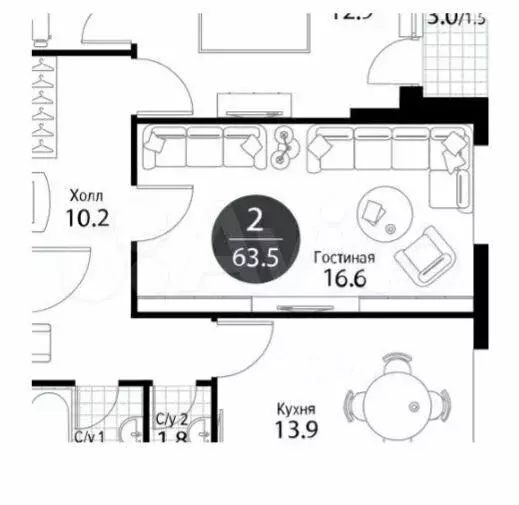 2-к. квартира, 65 м, 3/24 эт. - Фото 0