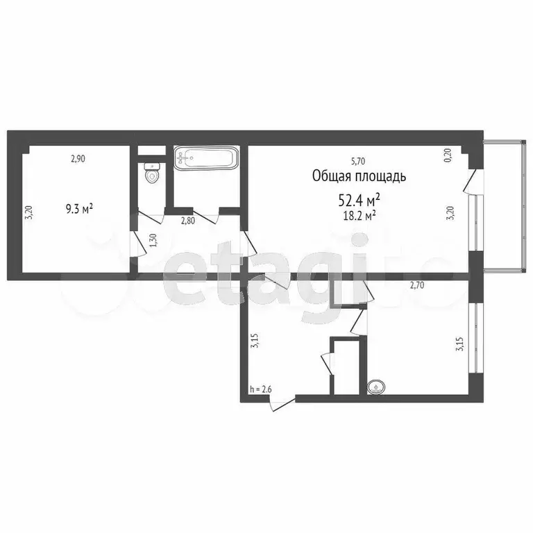 2-к. квартира, 52,6 м, 2/5 эт. - Фото 0