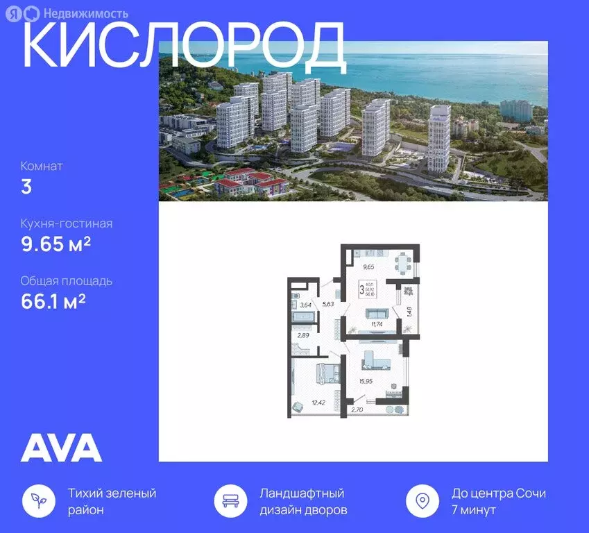 3-комнатная квартира: Сочи, жилой комплекс Кислород, 13 (66.1 м) - Фото 0