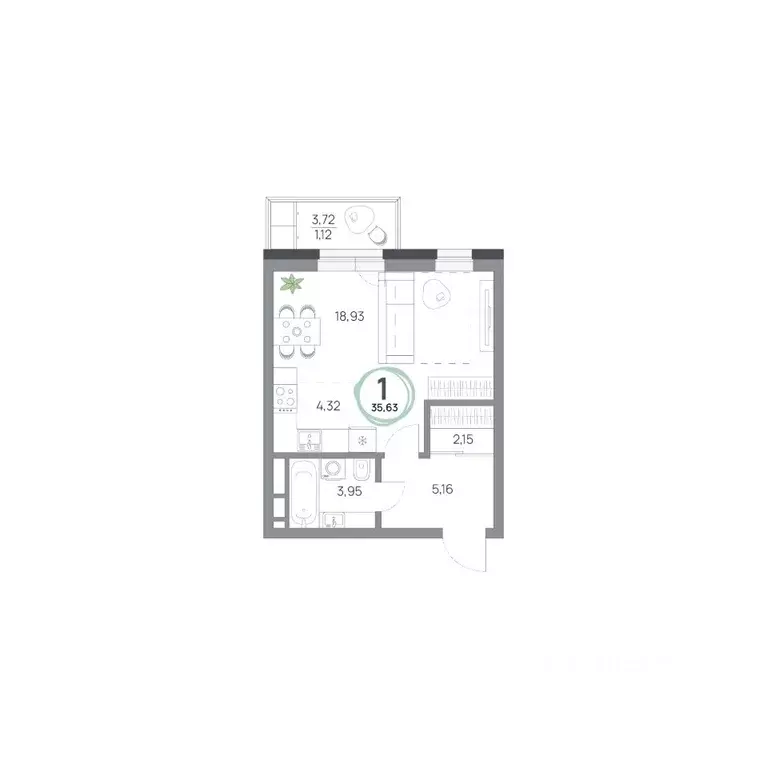 1-к кв. Красноярский край, Красноярск Юдинский жилой комплекс (35.63 ... - Фото 1