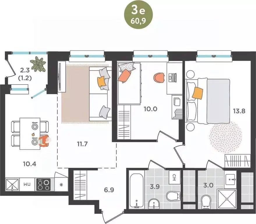 3-к кв. Пермский край, Пермь ул. Куфонина, 1 (60.9 м) - Фото 1